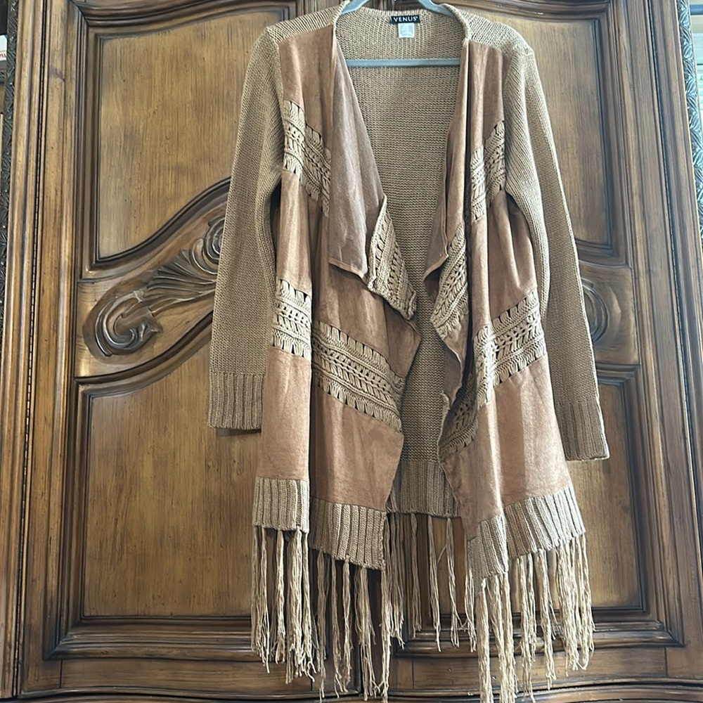 NEW Venus Trending Faux Suede Crochet Fringed Brown Women's Cardigan Sweater M - Picture 4 of 13